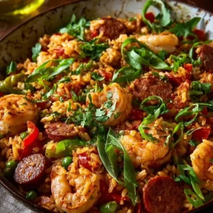 A vibrant bowl of Cajun Jambalaya with shrimp, sausage, and colorful vegetables.