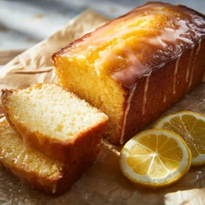 Glazed lemon pound cake loaf with citrus glaze on a white plate