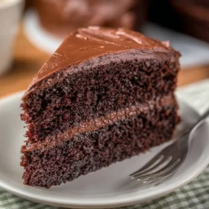 Delicious homemade chocolate cake topped with rich chocolate frosting.