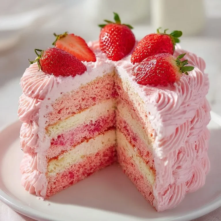 Homemade strawberry cake with fresh strawberries and strawberry frosting