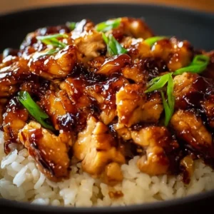 Delicious Honey BBQ Chicken served over rice with fresh herbs