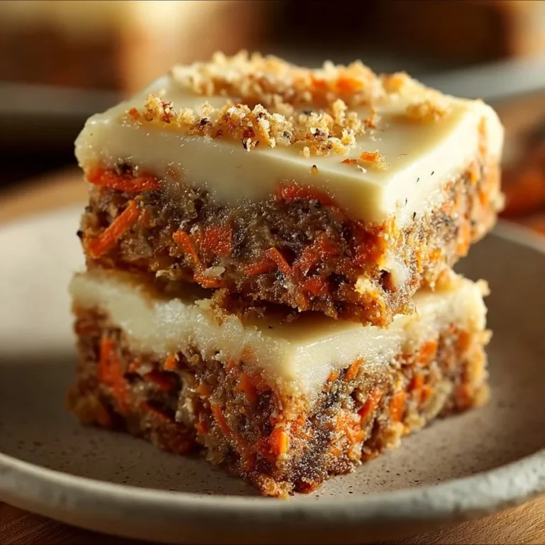 Delicious carrot cake cream cheese bars topped with frosting and walnuts