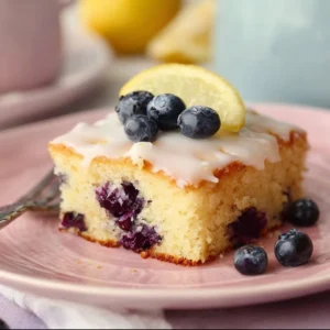 Lemon blueberry sheet cake with fresh berries and lemon icing