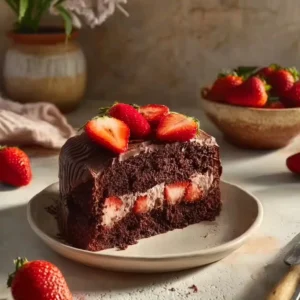 Delicious Strawberry Chocolate Cake served with fresh strawberries